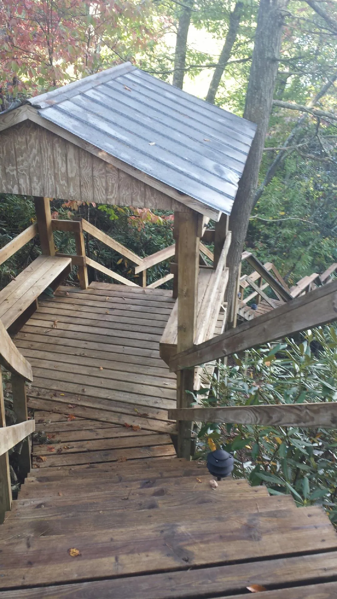 Metal roofed shelter over wooden steps on a wooded walkway — Skylight Repair & Installation work by our crew in Sunburg